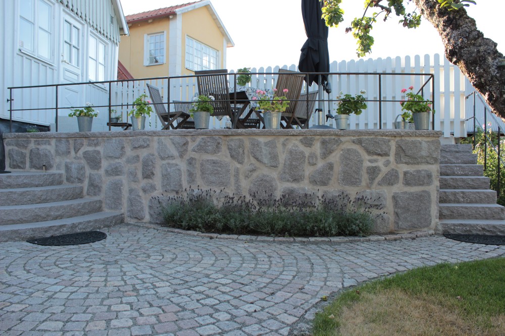 Beklädnadsmur med kryssmönster, Blocksteg & Smågatsten